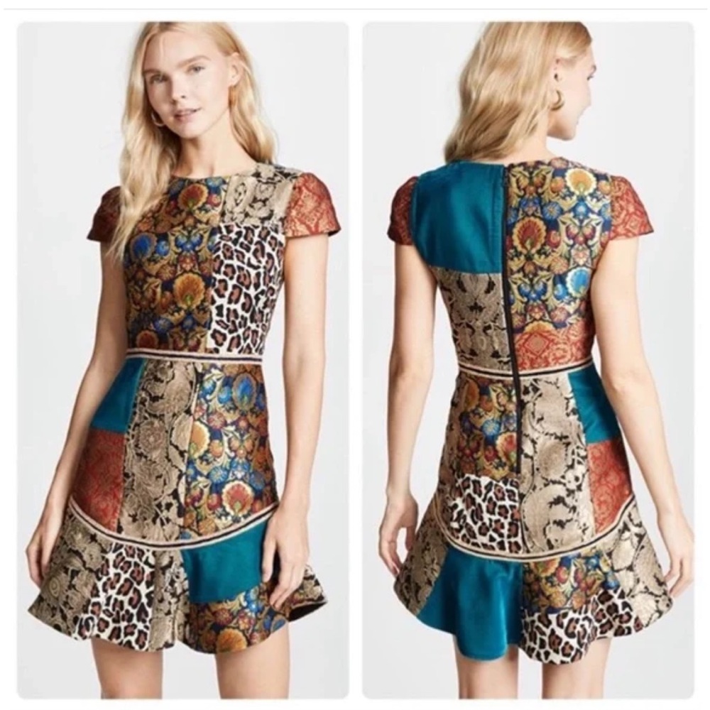 NWT Alice + Olivia Rapunzel Patchwork Jacquard Gold Leopard Tapestry Dress 8